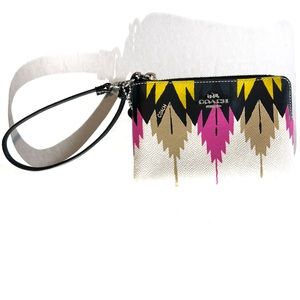 Coach Hawk Feather Print Corner Zip Wristlet Crossgrain Leather Aztec NWOT